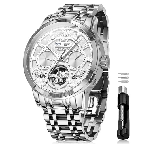OLEVS Automatic Watches for Men Self Winding Mechanical Skeleton Luxury Dress Stainless Steel Diamond Men Wrist Watches