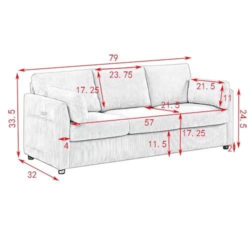 Modern Corduroy Couch 79 Inch Length,3 Seater Sofa w/Square arm and Side Pockets for Living Room, Bedroom, Apartment, Office,Workroom,and Compact Space (Beige)
