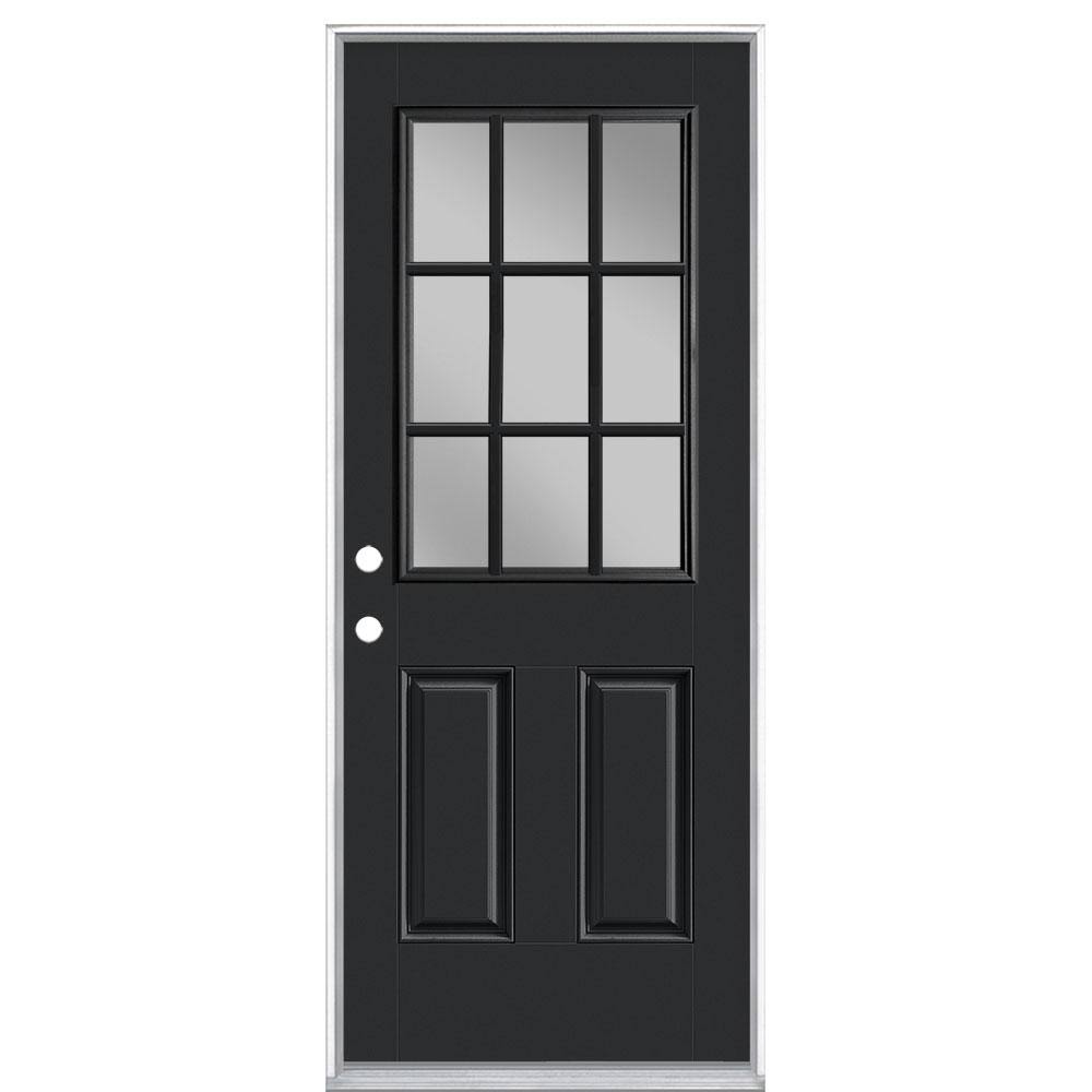Masonite 32 in. x 80 in. 9 Lite Jet Black Right-Hand Inswing Painted Smooth Fiberglass Prehung Front Door with No Brickmold