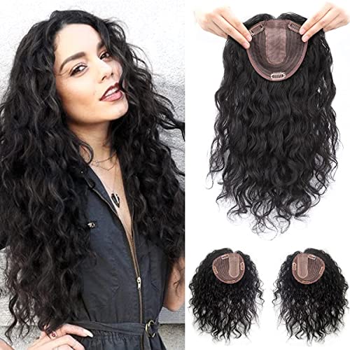 Natural Curly Human Hair Topper Women Toupee Clip in Hairpieces 13x14cm Silktop Hair Topper Top Hair Pieces Topper Wiglets Middle Part for Covering Thinning Hair/Loss Hair 12