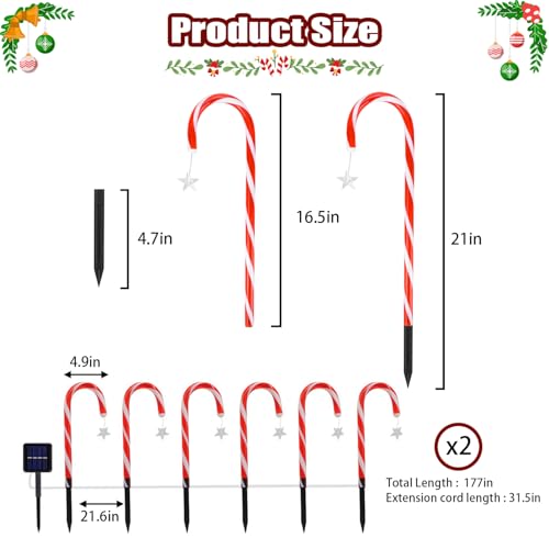 Quimoy 12Pcs Candy Cane Lights, 21'' Solar Christmas Decorations Outdoor, Candy Cane Pathway Lights with 8 LightingModes, Waterproof Christmas Yard Decorations for Lawn Driveway Walkway Sidewalk