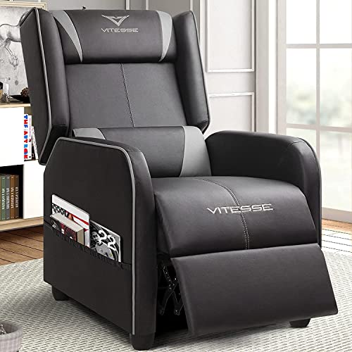 VITESSE Gaming Recliner Chair Racing Style Single Ergonomic Lounge Sofa Modern PU Leather Reclining Home Theater Seat for Living Gaming Room (Grey).