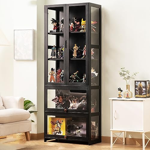 Display Cabinet 5-Shelf with Acrylic Door, Curio Cabinets Upgraded Cabinet Door Display Shelf Bamboo Storage Floor Standing Bookshelf for Bedroom, Living Room, Quick-Install Style 1-5-65cm