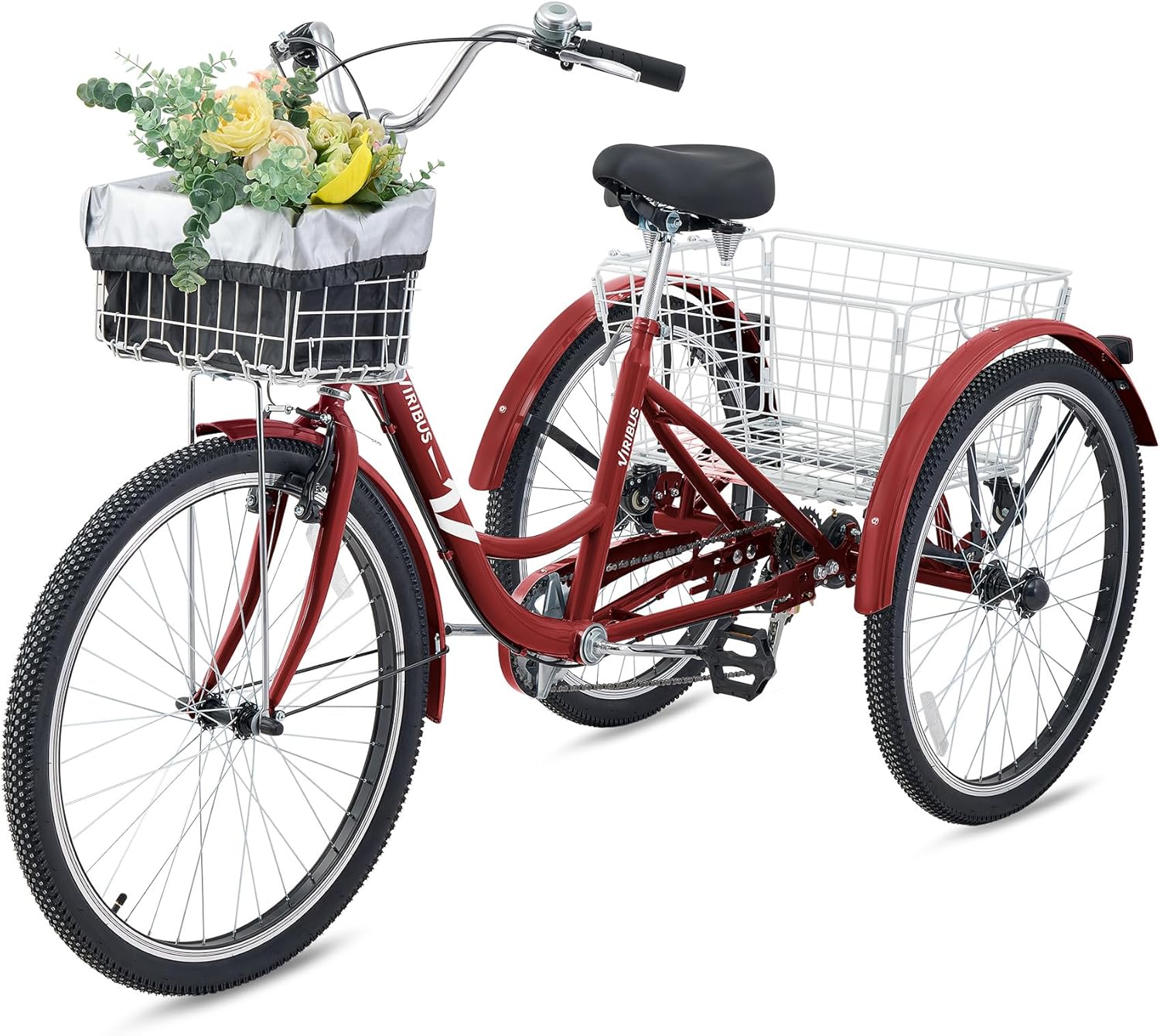 Viribus Adult Tricycle, 7 Speed Tricycle for Adults with Front & Rear Removable Wheeled Baskets, 3 Wheel Bikes for Adults 24 or 26 in, Adult Tricycles for Women Men, Adults Trike 400 lb. Berry Red