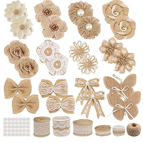 30PCS Burlap Hessian Flowers Set, Include 24 Burlap Flowers and Bowknots, 5 Lace Burlap Ribbon Rolls,1 Twine Ribbon and Glue Point for Wedding Party Decor Home Embellishment DIY Crafts