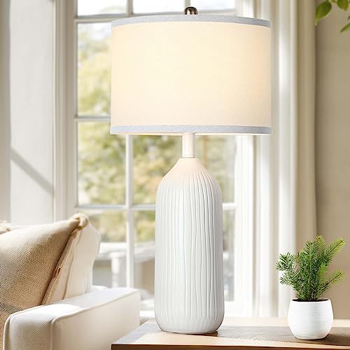 TOBUSA 27in White Ceramic Table Lamp with 3-Color Temperatures(3000K/4000K/6500K), Modern Tall Table Lamp for Living Room Bedroom with White Shade, E26 Nightstand Lamp for Bedside End Table Office