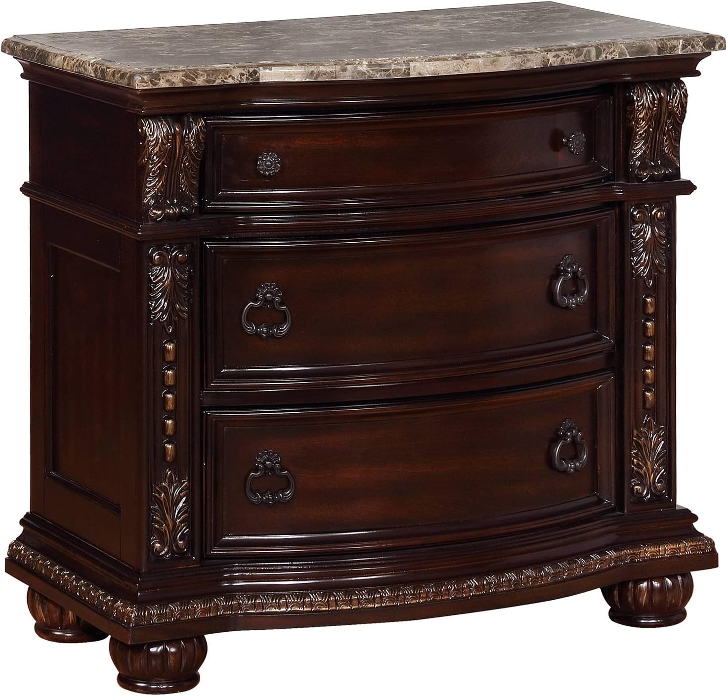 1Pc Traditional Style End Table 3-Drawer Nightstand with Marble Top Rich Brown Cherry Finish Solid Wood Wooden Bedroom