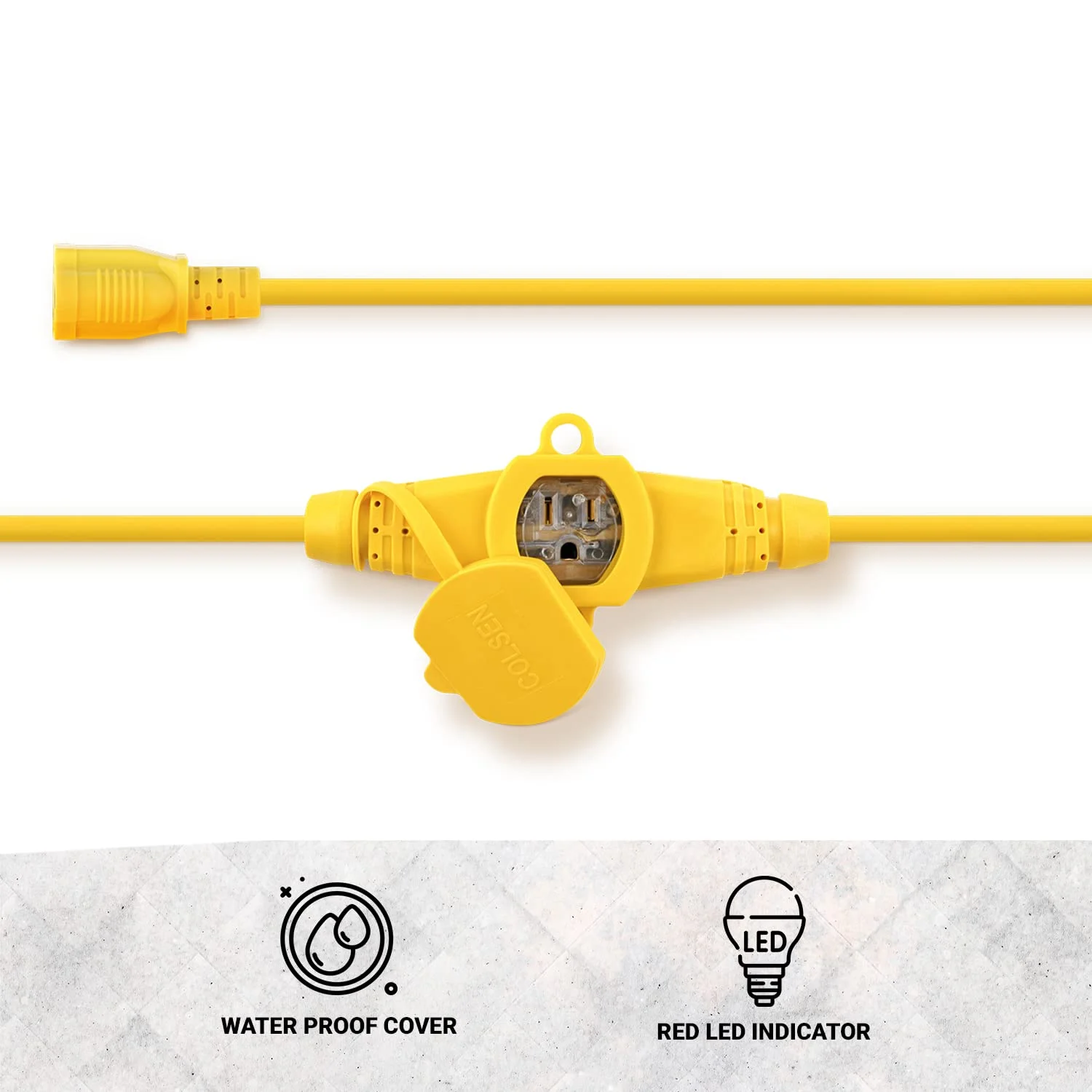 COLSEN 50FT Yellow Power Extension Cord 3 Prong 6 Nema 5-15R Female Socket - Red LED Indicator 14 Gauge SJTW Cable Male to Female Connector Stage Backlines Power Board UL Listed Multiple Plug Outlet