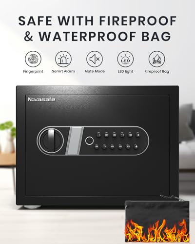 Biometric Safe, Fingerprint Home Safe Box with Fireproof Waterproof Bag & Key, 1.4 Cu ft Security Money Safe for Cash, Jewelry, Valuables, Digital Electronic Keypad, Dual Alarm System, Cabinet safe