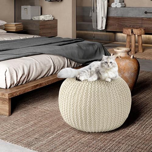 HOMBYS Unstuffed Ottoman Pouf Cover, 100% Cotton Handmade Knitted Ottoman Pouf Cover Round Foot Stool, Floor Bean Bag Chair, Foot Rest Storage for Living Room Bedroom, Navy Blue(Cover ONLY NO Filler)