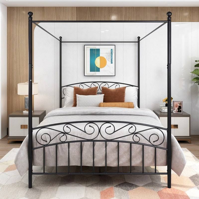 Canopy Bed Frame Queen Size 4 Poster Mattress Foundation Post Corner - Black