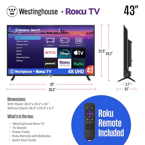 Westinghouse Roku TV - 43 Inch Smart TV, 4K UHD QLED Television w/HDR 10+, Dolby Vision, Wi-Fi & Mobile App Connectivity, Flat Screen Compatible w/Apple HomeKit, Alexa, & Google Assistant