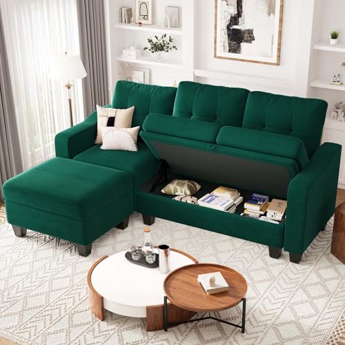 Belffin Velvet Sectional Couch with Storage, L Shaped Sofa with Chaise for Small Space, Blue
