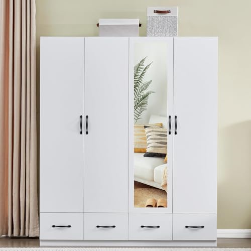 4-Door Wooden Gray Armoire Wardrobe Closet with 3 Drawers for Bedroom Storage Wardrobe Closet Wood with Hanging Rod with Large Storage Wardrobe with Drawers 63