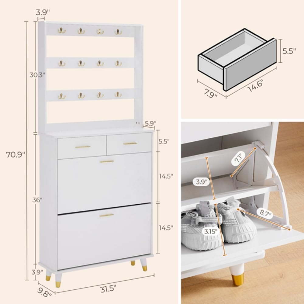 Hommoo Multi-Functional Entryway Armoire - Wardrobe Closet with Drawers, Shelves, and Shoe Storage, Elegant White Design
