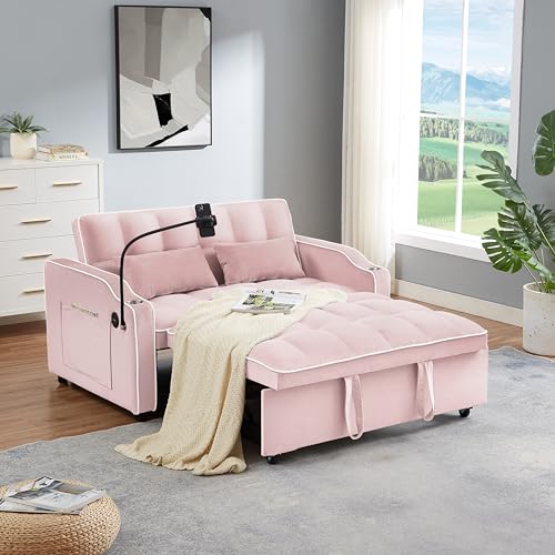 Pull Out Sofa Bed Velvet Sleeper Sofa Bed, Convertible Loveseat Sofa Bed with Reclining Backrest, USB Port, Ashtray Swivel Phone Stand and Pockets (Pink)