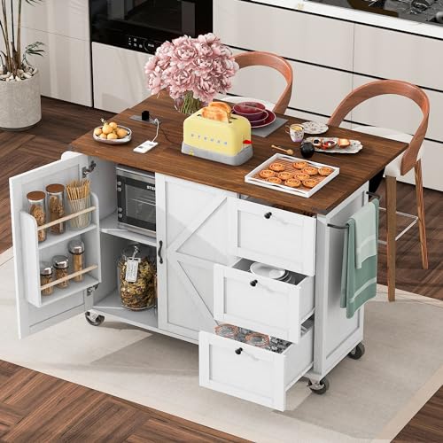 Kitchen Island with Storage, Rolling Kitchen Island Cart On Wheels with Power Outlet & Drop Leaf Countertop, Mobile Island Table for Kitchen with 2 Drawers 2 Cabinet, Spice Rack, Towel Rack, Black
