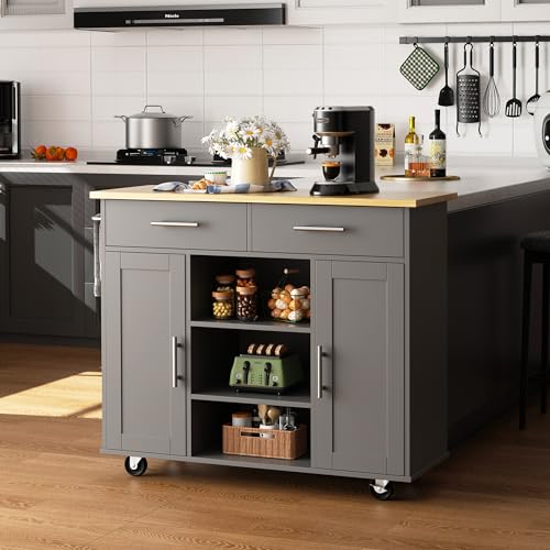 Shintenchi Kitchen Island with Drop Leaf, Rolling Kitchen Cart with Storage on Wheels, Table Bar Cart for Kitchen with Towel Rack & Seating Area for Dining Room, White