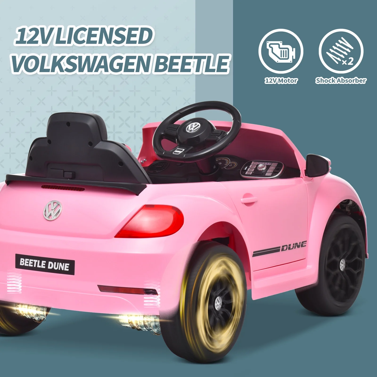 Joywhale 12V Kids Ride on Car Licensed Volkswagen Beetle Battery Powered Electric Vehicle for Kids, with 2.4G Remote Control, Suspension & Safety Belt, Pink