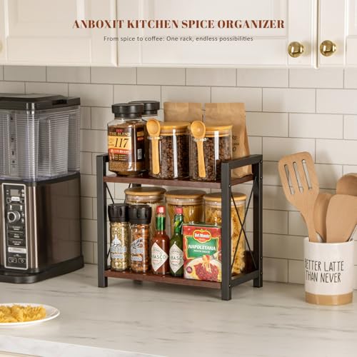 Spice Rack for Countertop, Coffee Countertop Shelf, Wooden Kitchen Counter Organizer, 2 Tier Shelf for Countertop, Small Shelf Organizer for Kitchen, Office, Home - Grey