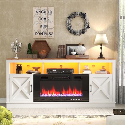 Farmhouse Fireplace TV Stand for 70/75/80 Inch TV, 32”Tall Entertainment Center w/ 36”Electric Fireplace & LED Light, 70”Media Console w/Barn Door Cabinet for Living Room, Grey