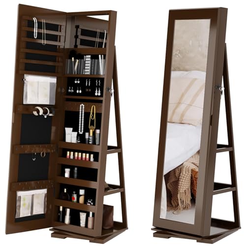 SDHYL Rotating Jewelry Cabinet with Mirror, Full Length Wooden Storage Armoire with Lock