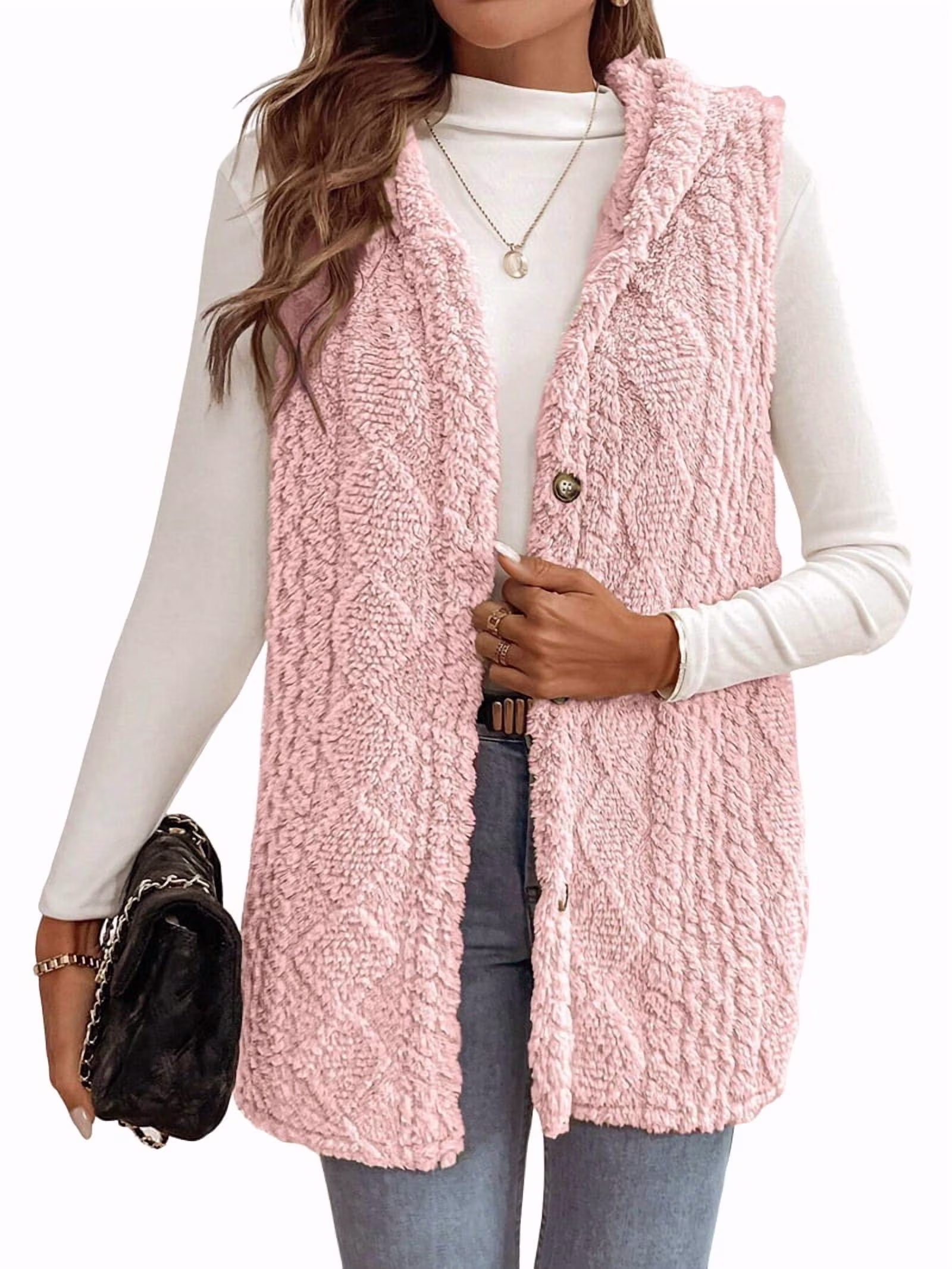 Women's Oversized Fleece Vest Hooded Cardigan, Double Sided Wear, Thick Warm Button Front Jacket for Fall Winter Pink M