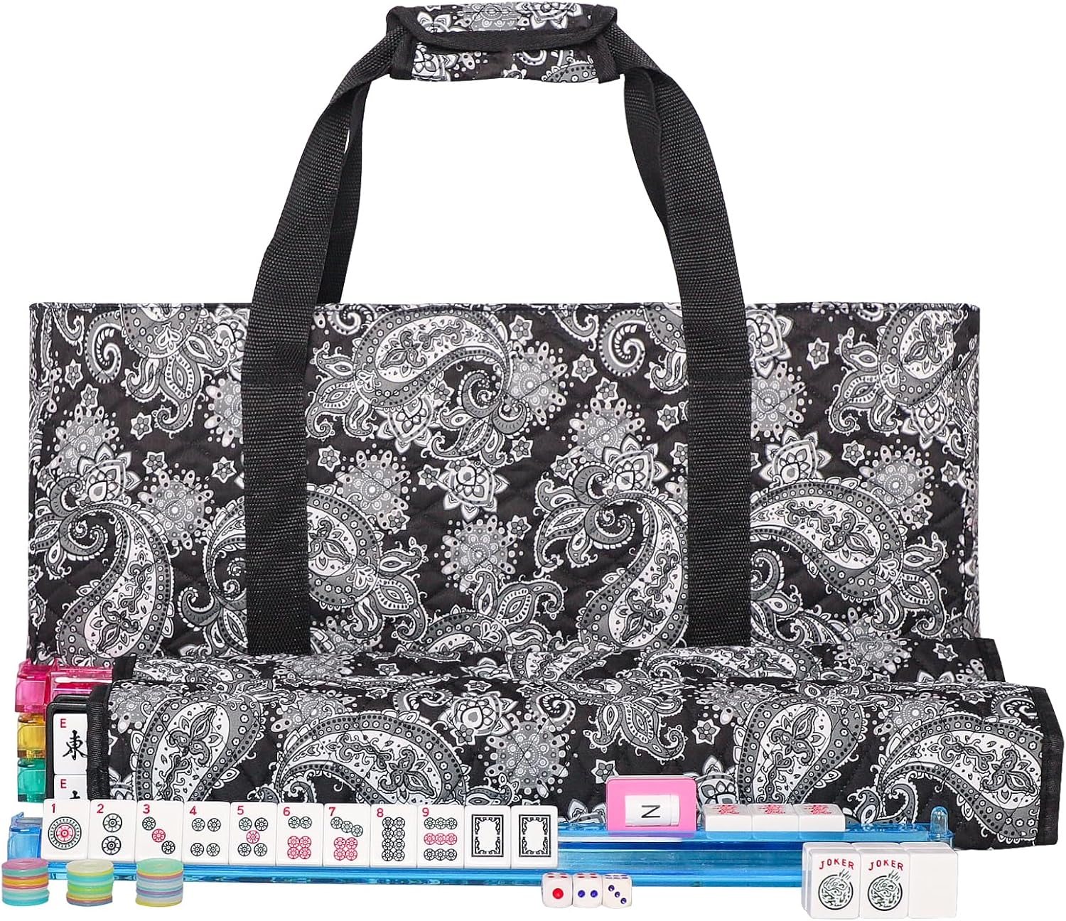 American Mahjong Game Set, 166 Quality White Tiles, 4 All-in-One Color Rack/Pushers, Complete Mahongg Tile Set Black Printed Carrying Bag,Mahjong Mat with 3 Dice (Red, 31.5 inches)