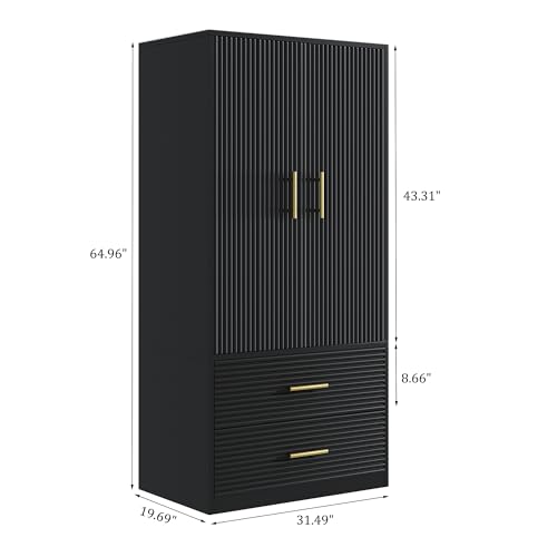 Armoire Armoire Wardrobe Closet with 2 Wave Doors, Storage Closet Cabinet with 2 Drawers, Hanging Rod, Freestanding Wooden Closet for Bedroom(White)