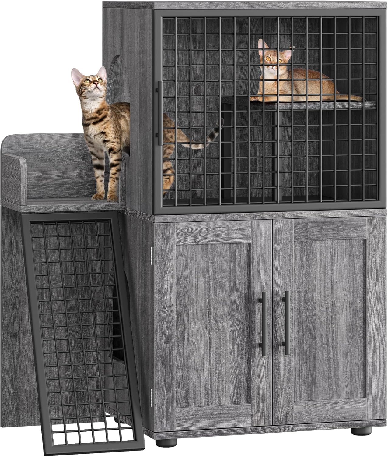 Towallmark Modern Villa Cat Litter Box Enclosure with Platform,Double Layer Cat Litter Hidden Furniture, Large Cat Cabinet with Ladder, Cat Washroom Indoor Cat House, Wax Wood