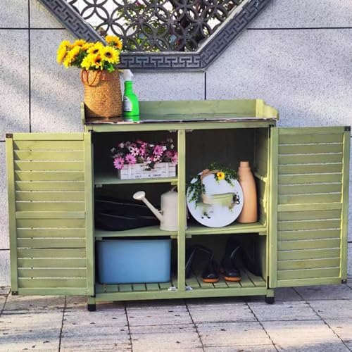Outdoor Potting Bench Table, Outdoor Potting Bench with Metal Top, Outdoor Garden Patio Wooden Storage Cabinet with Adjustable Shelf(Green)