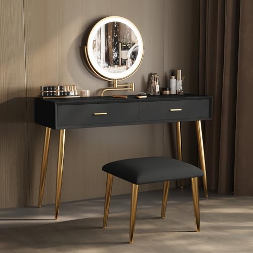 Vanity Desk Set with 360° Rotating Mirror and Lights, Small Makeup Vanity with Microfiber Leather, Vanity Table with 3 Lighting Modes, 2 Drawers, Stool - 31.5in Black