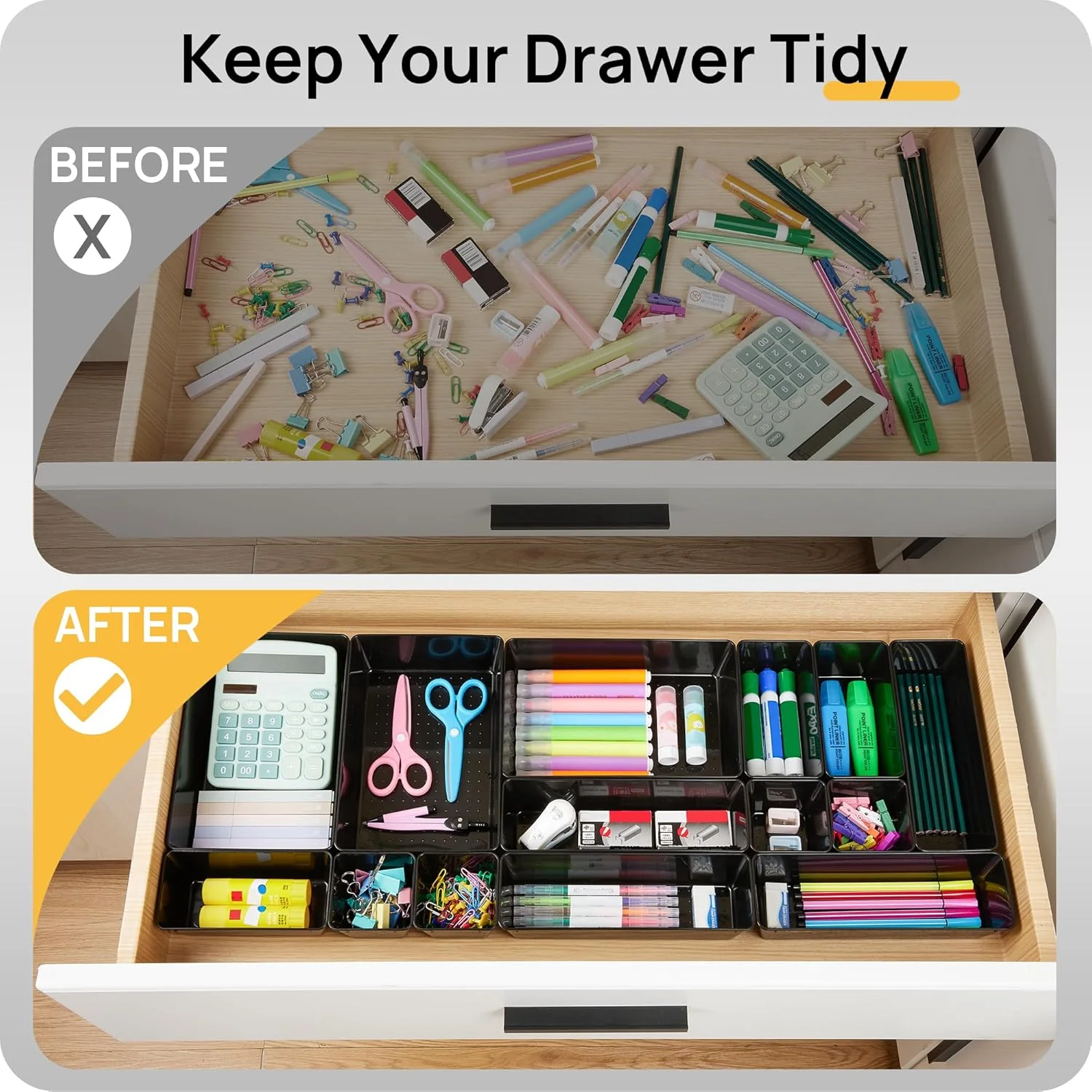 PrimeCook Shop 25 PCS Office Desk Drawer Organizers Set,4-Size Versatile Plastic Drawer Organizer Trays,Storage Bins for Desk Accessories Office Organizers and Storage, Bathroom, Makeup, Vanity,Black