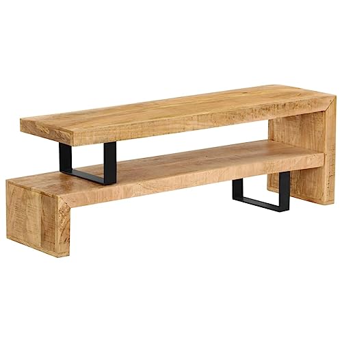 TV Stand Solid Mango Wood,MidCentury Modern Wooden TV Stand with Adjustable Length and Wrought Iron Legs, 45.3