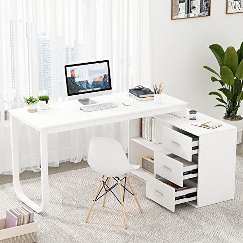 FAMAPY 55.1” L-Shaped Desk with Drawers and Shelves, Office Desk Corner Desk with Storage, Computer Desk Craft Desk for Home Office Bedroom White