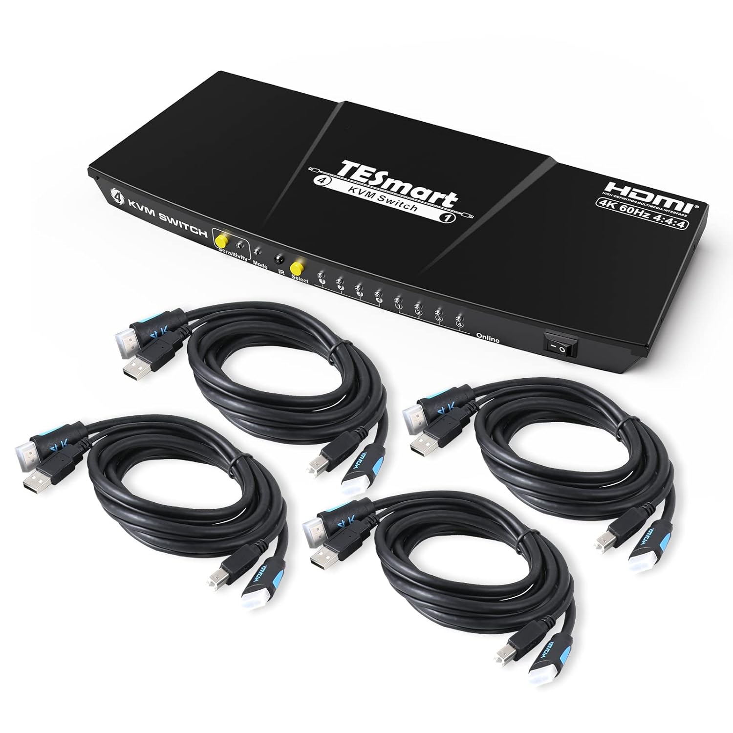 TESmart Newest HDMI KVM Switch 4 Port 4K@60Hz Ultra HD 4x1 with 2 Pcs 5ft KVM Cables Supports Keyboard & Mouse Pass Through USB 2.0 Device (Black)
