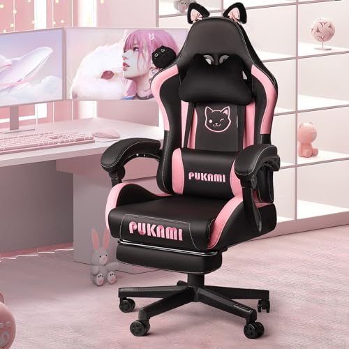 PUKAMI Pink Gaming Chair with Cat Ears and Cat Paw Cushion Pillow,Cute Computer Chair for Girl with Footrest,Ergonomic Gamer Chair, Kawaii Gaming Chair,Reclining Game Chair(Pink)