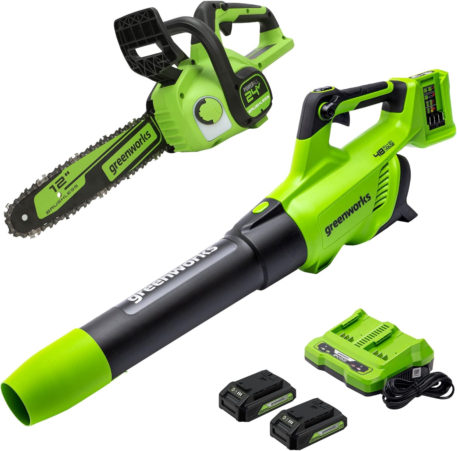 Greenworks 48V (2 x 24V) Cordless Axial Blower (125 MPH / 515 CFM), (2) 2.0Ah Batteries and Dual Port Charger