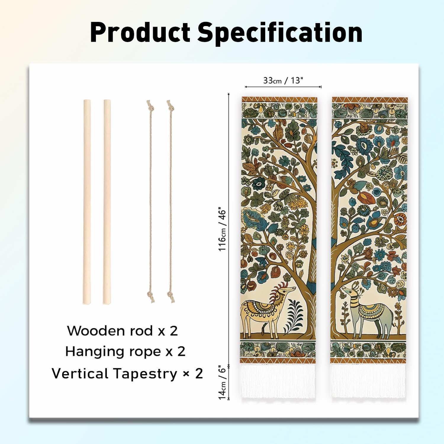 PLIGREAT 2 Pack Deer and Tree Tapestry, Folk Art Style Wall Tapestry Vertical Wall Hanging with Tassels Aesthetic Wall Tapestry for Bedroom Living Room Long Narrow Wall Hanging Housewarming Gift