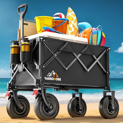 Big Rubber Wheels Beach Wagon Cart Foldable, 9x3 All-Terrain Wheels, Heavy Duty Collapsible Utility Wagon with 330lbs Capacity, Compact Storage, Easy Transport for Sand Camping Sports, Black