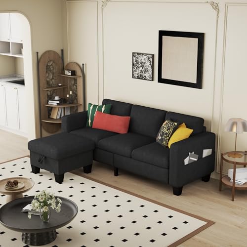 Convertible Sectional Sofa Couch Beige 3Seat L-Shaped Sectional Sofa Couch with Storage Ottoman and Pockets,Modern Linen Fabric Upholstered Sofa Furniture Set for Living Room Small Space Bedroom