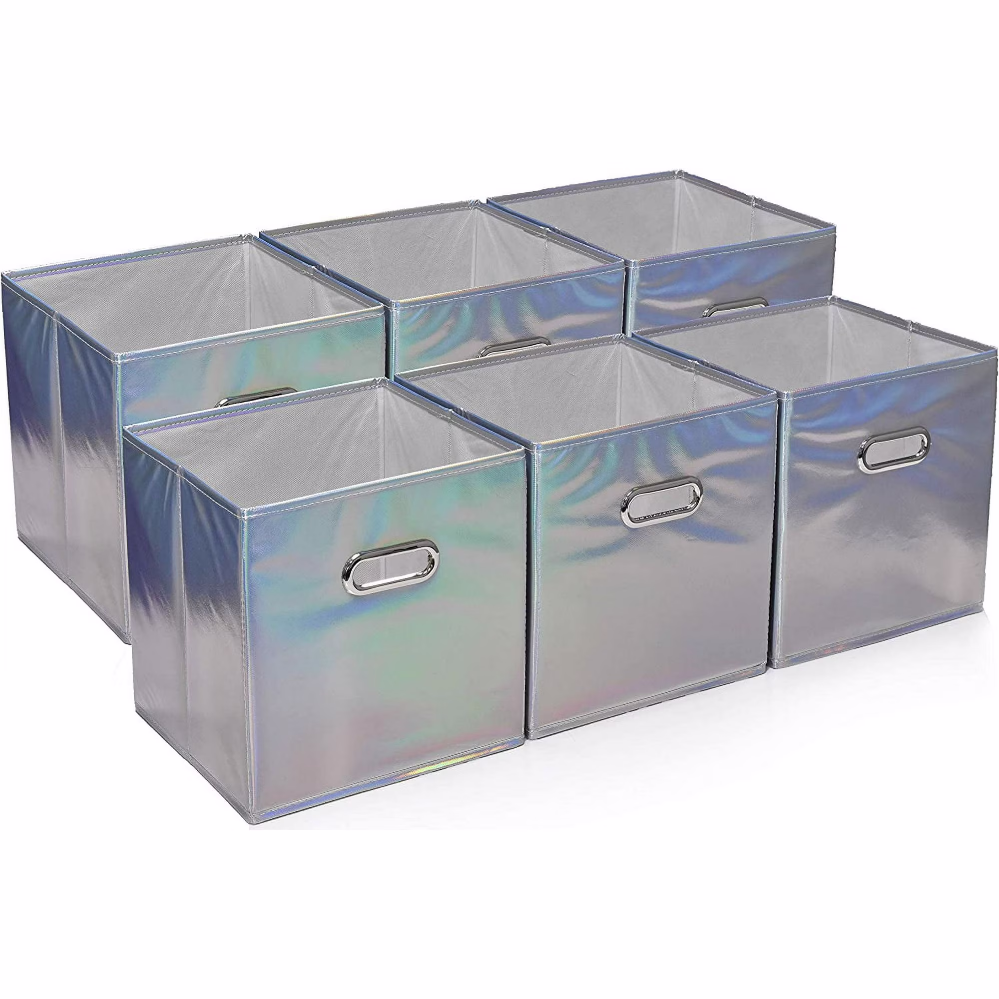 Foldable Laundry Storage Bins 6-Pack – Collapsible Cube Organizers for Shelves, Closets, Underbed, Clothes, Toys – Shiny Silver
