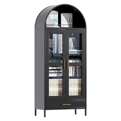 Metal Arched Storage Display Cabinet in Black with Drawer, Arched Cabinets with Glass Doors and Shelves for Living Room, Kitchens and Bedrooms, Assembly Required