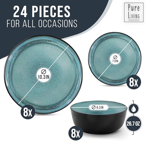 24 Piece Dinnerware Sets for 8 - Modern Style Stoneware Dinnerware Set - Microwave Safe Dinner Plates and Bowls Sets for 8, Ceramic Dish Set, Bowl and Plate Sets for 8, Beige Light Blue Set for 8