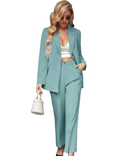 SweatyRocks Women's 2 Piece Blazer Set Button Front Long Sleeve Blazer and Pants Solid Business Office Suits Set