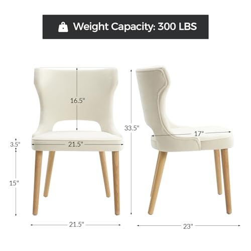 HULALA HOME Dining Chairs Set of 4, Upholstered Fabric Side Chair with Wood Legs High Back, Mid-Century Modern Kitchen Chairs, Curved Back Side Chairs for Dining Room Living Room(Ivory)
