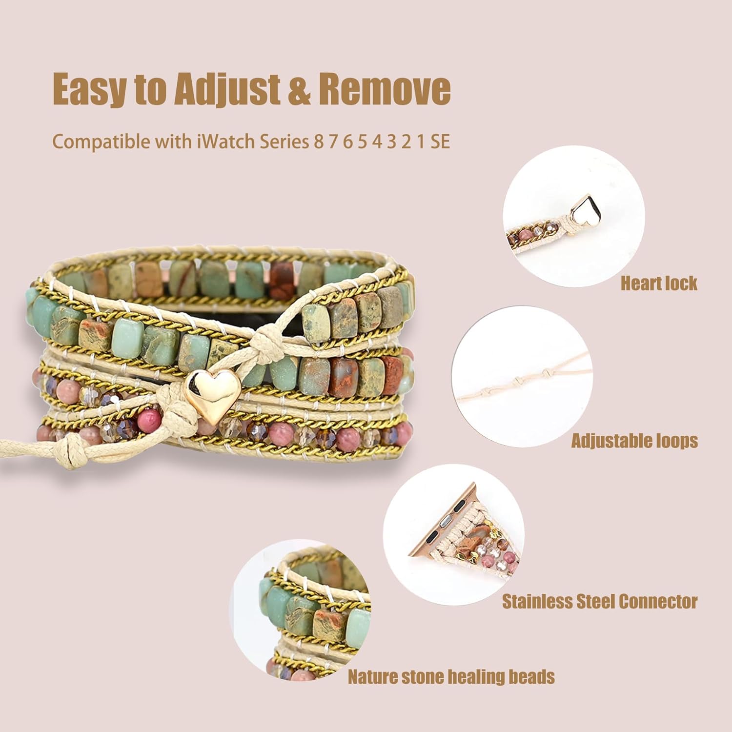 Handmade Beaded Boho Watch Band, Boho Watch for women, Bracelet Compatible with Apple Watch 38mm/40mm/41mm/42mm/44mm/45mm-Watch Strap for Iwatch Series 8/7/6/5/4/3/2/1/SE (42/44/45mm, Mahogany Grain)