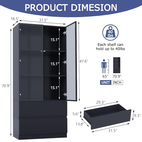 Glass Display Cabinet, Display Case Cabinet with LED Lights, Display Cabinet with Glass Door, Curio Cabinet with 3-Tier Shelves and 2 Drawers, Storage Cabinet for Living Room, Bedroom