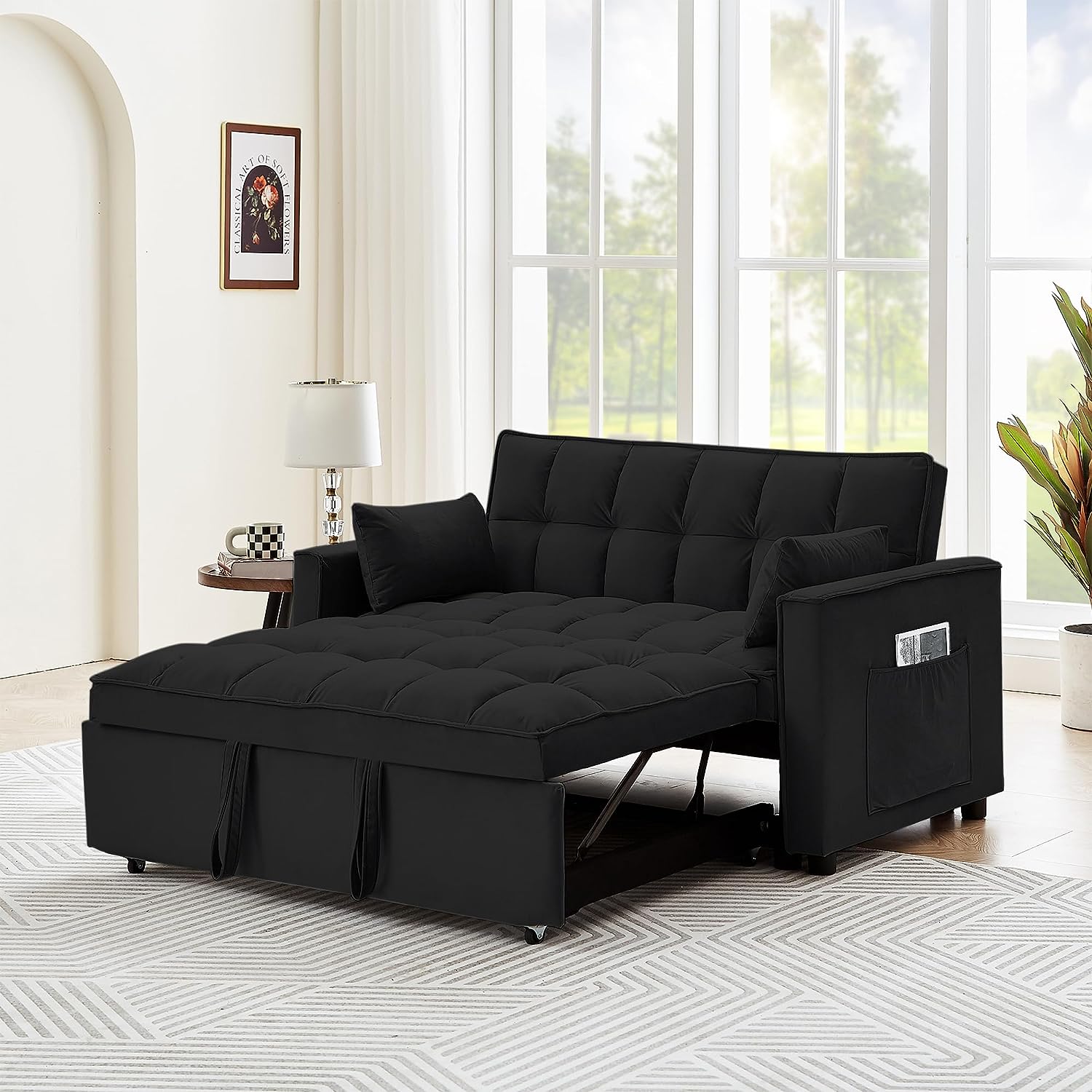 Modern Velvet Convertible Sleeper Sofa Bed, 3-In-1 Multi-Functional Sleeper Couch Pull-Out Bed, Loveseat Chaise Lounge W/Adjustable Backrest For Living Room, Small Space