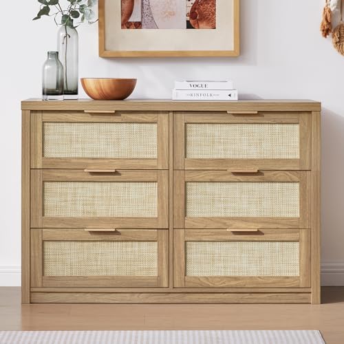 Hampstead 6 Drawer Dresser, Rattan Dresser for Bedroom, Boho Chest of Dressers, TV Stand of Large Drawers, Wood Drawer Organizer for Bedroom Living Room Hallway, 47.24